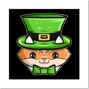 Kawaii Kat With Green Hat And Bow For St. Patricks Day Posters and Art